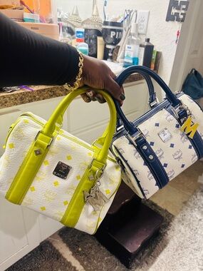 MCM White Satchel with Yellow & Navy Leather Trim Authentic pieces sold separate